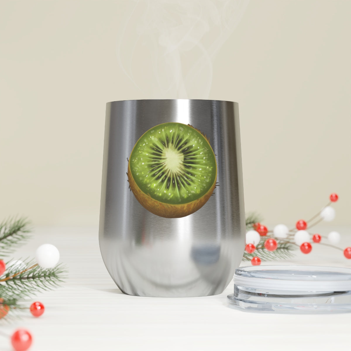 Kiwi 12oz Insulated Wine Tumbler with clear lid, showcasing a sleek stainless steel design.