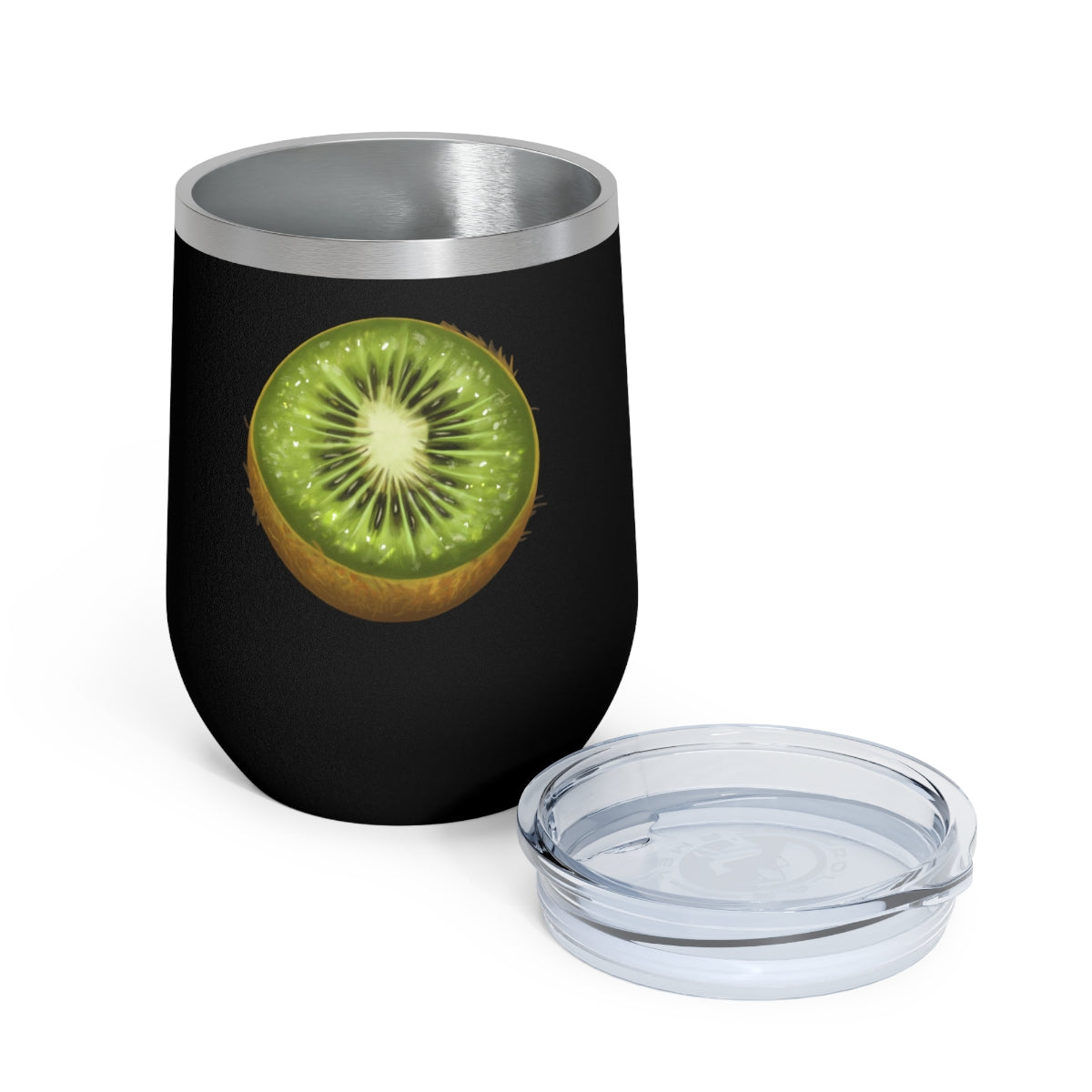 Kiwi 12oz Insulated Wine Tumbler with clear lid, showcasing a sleek stainless steel design.