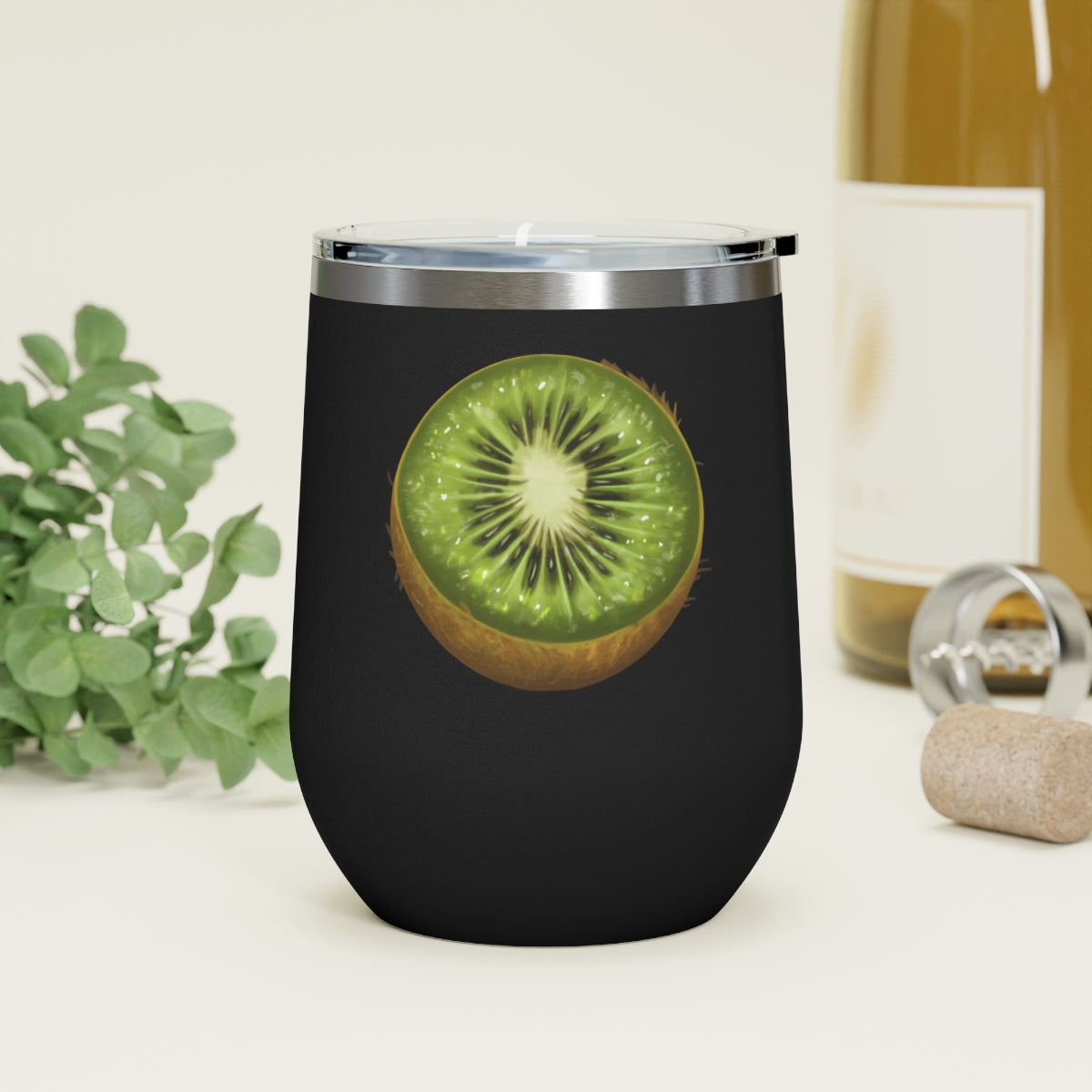 Kiwi 12oz Insulated Wine Tumbler with clear lid, showcasing a sleek stainless steel design.