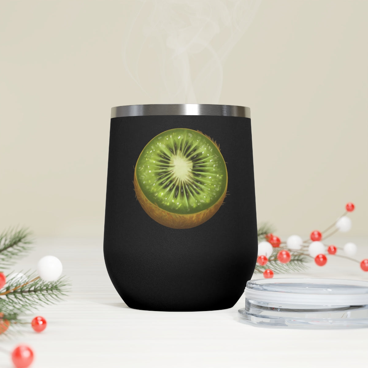 Kiwi 12oz Insulated Wine Tumbler with clear lid, showcasing a sleek stainless steel design.