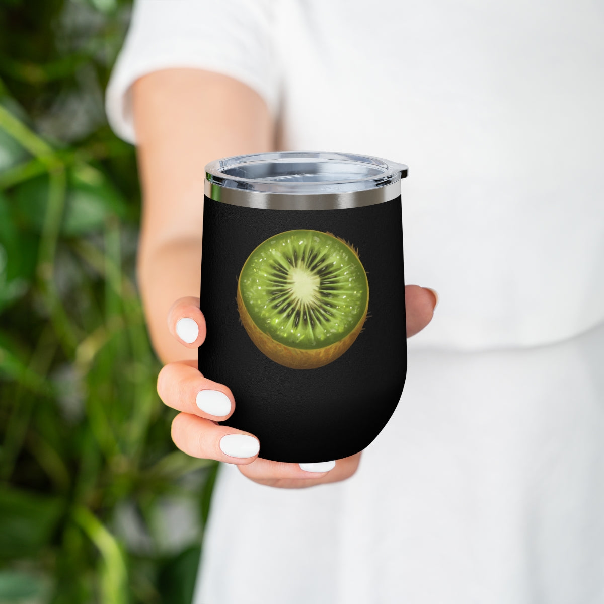 Kiwi 12oz Insulated Wine Tumbler with clear lid, showcasing a sleek stainless steel design.