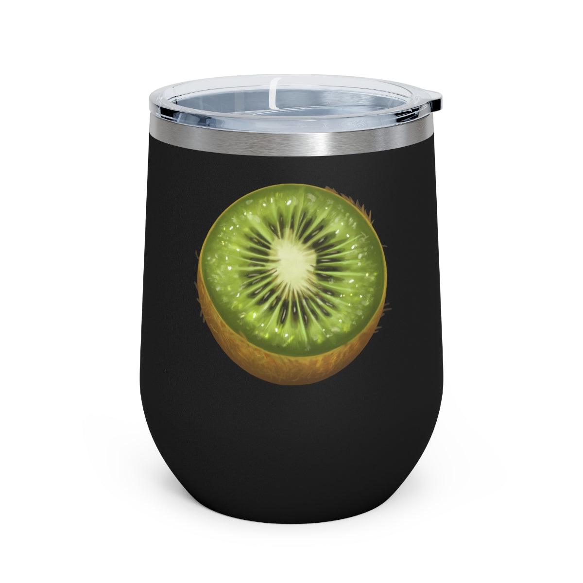 Kiwi 12oz Insulated Wine Tumbler with clear lid, showcasing a sleek stainless steel design.