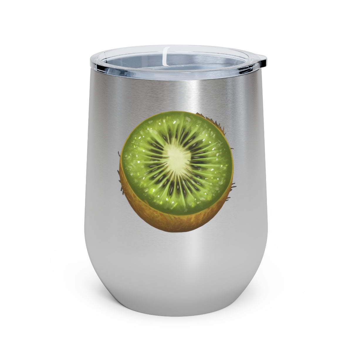 Kiwi 12oz Insulated Wine Tumbler with clear lid, showcasing a sleek stainless steel design.