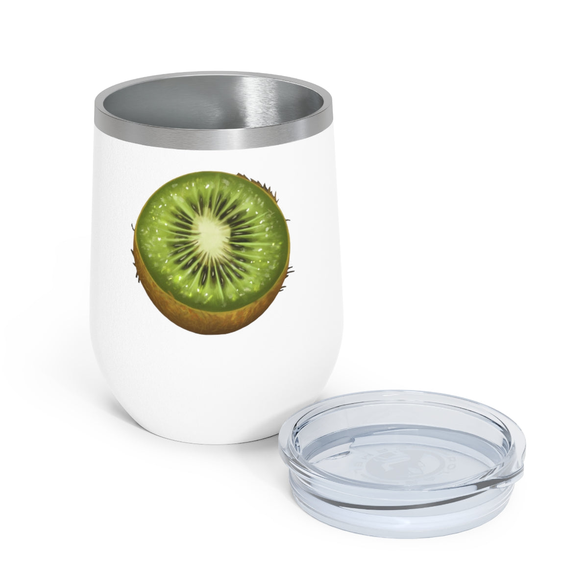 Kiwi 12oz Insulated Wine Tumbler with clear lid, showcasing a sleek stainless steel design.