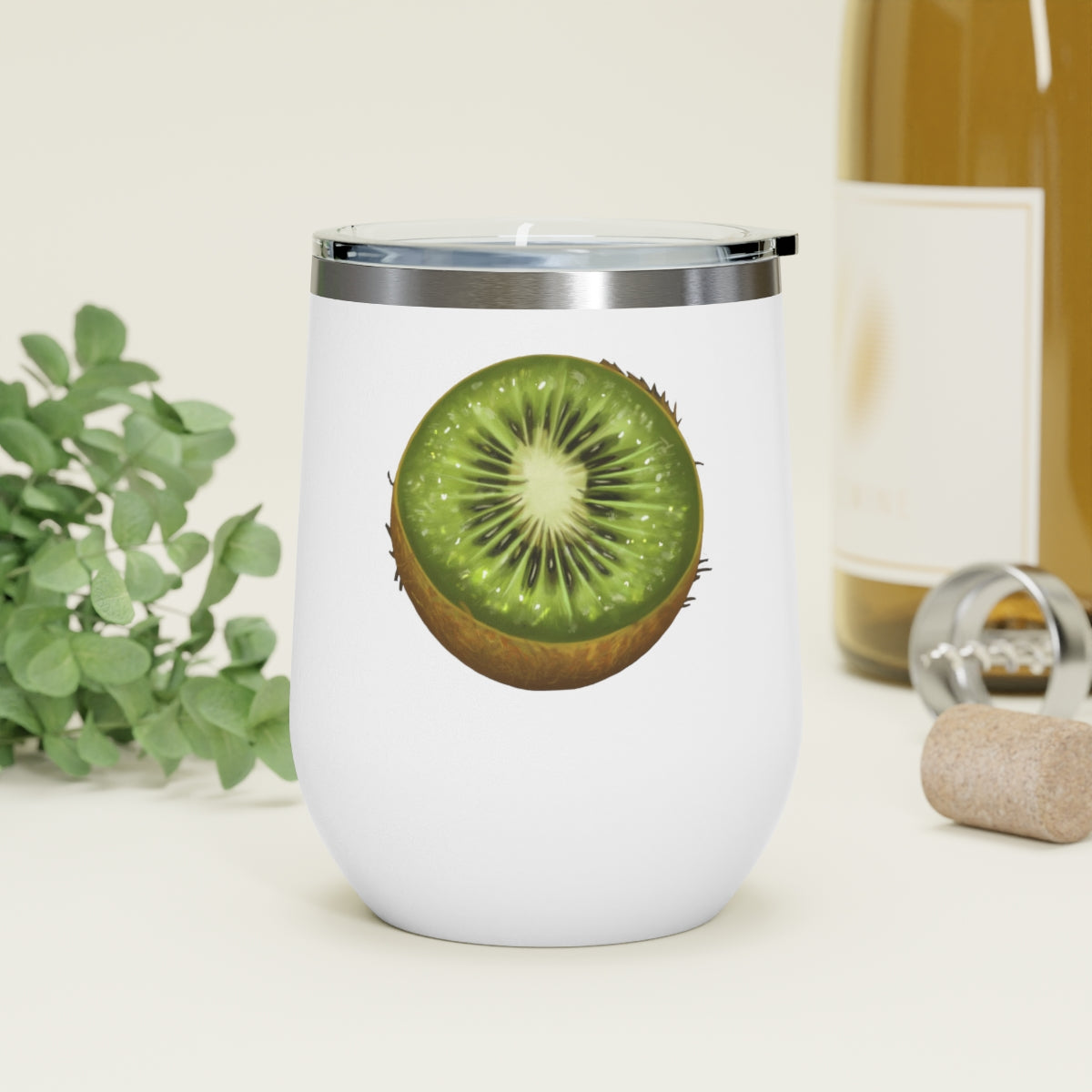 Kiwi 12oz Insulated Wine Tumbler with clear lid, showcasing a sleek stainless steel design.