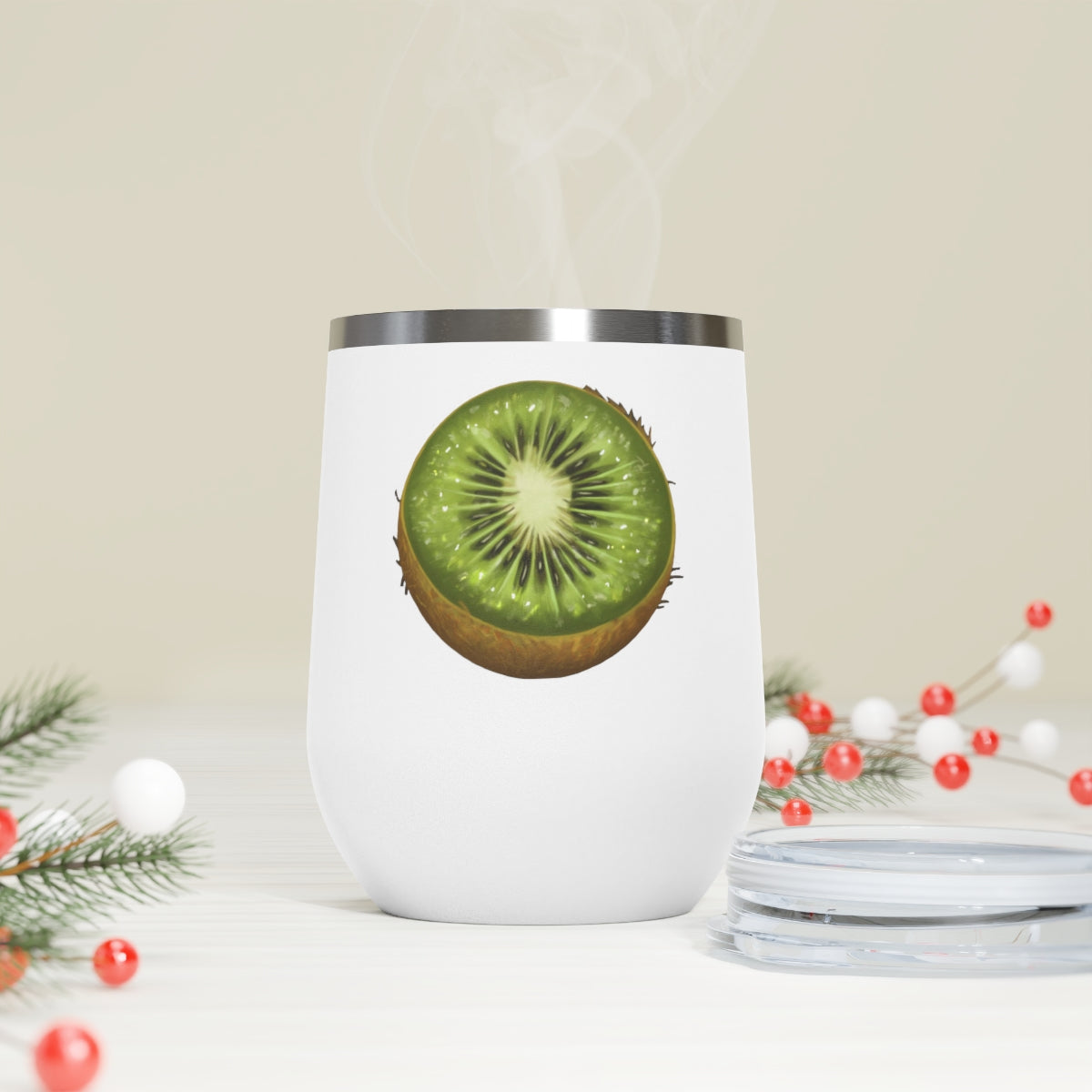 Kiwi 12oz Insulated Wine Tumbler with clear lid, showcasing a sleek stainless steel design.