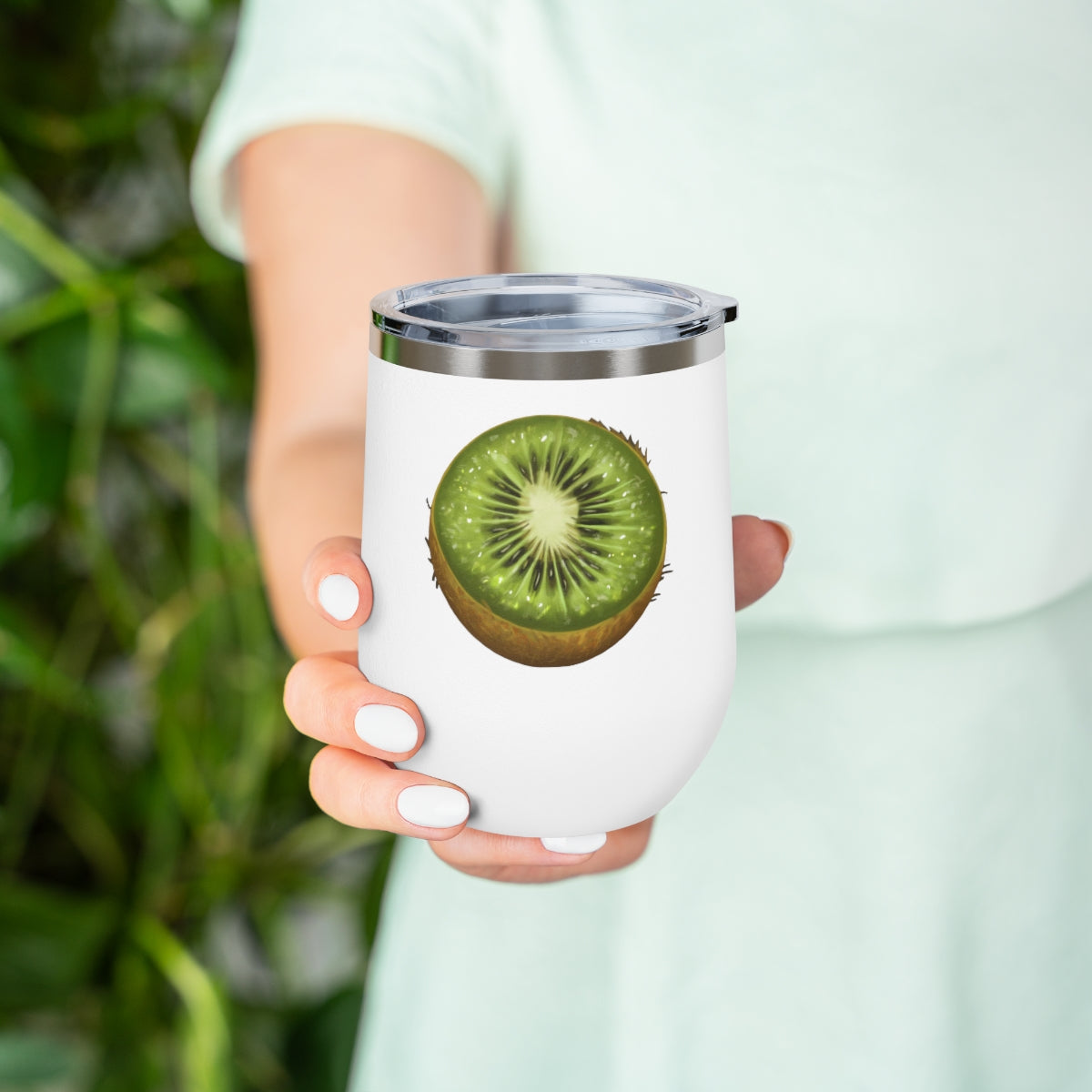 Kiwi 12oz Insulated Wine Tumbler with clear lid, showcasing a sleek stainless steel design.