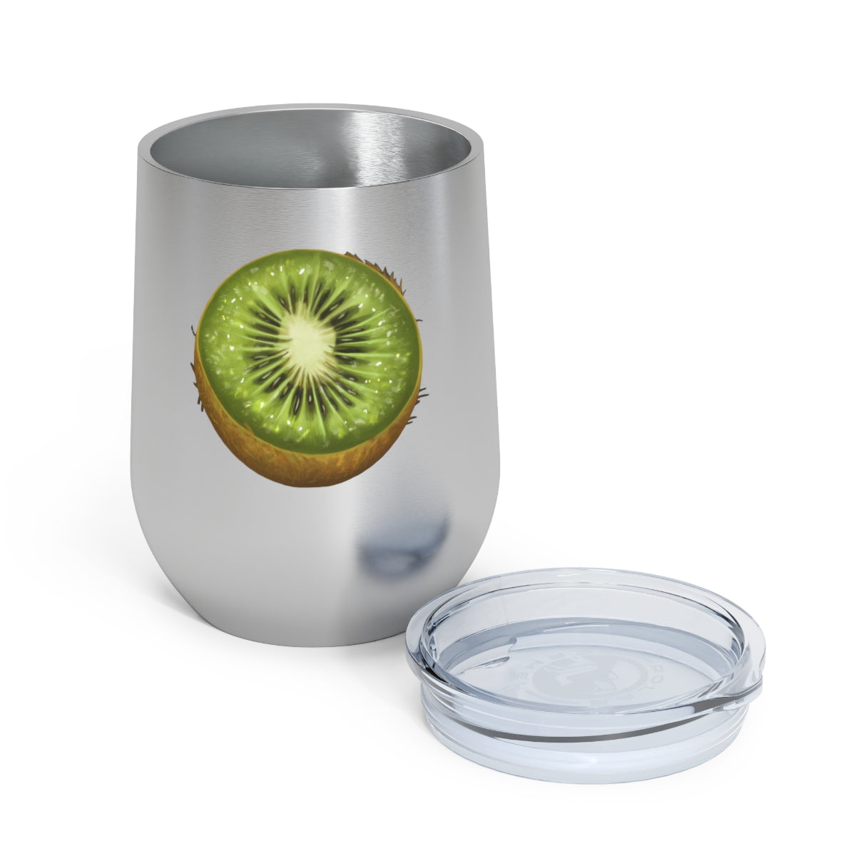 Kiwi 12oz Insulated Wine Tumbler with clear lid, showcasing a sleek stainless steel design.