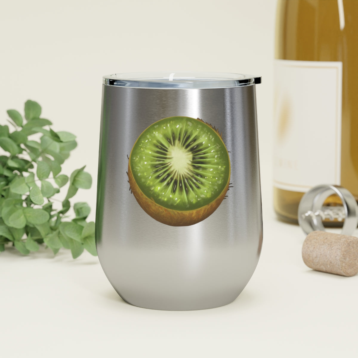 Kiwi 12oz Insulated Wine Tumbler with clear lid, showcasing a sleek stainless steel design.