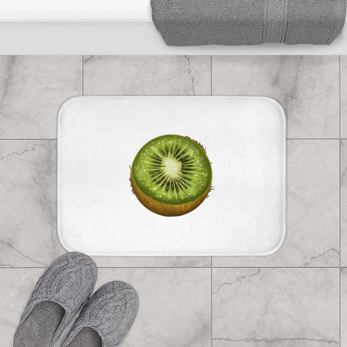 A vibrant kiwi green bath mat with anti-slip backing, showcasing its soft microfiber texture and durable edge binding.