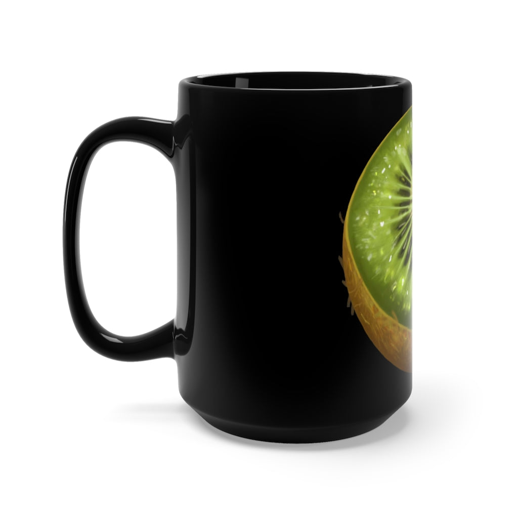 Kiwi Black Mug 15oz, a stylish black ceramic mug with a C-handle, perfect for coffee and tea lovers.