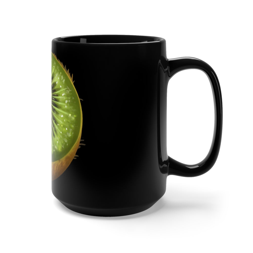 Kiwi Black Mug 15oz, a stylish black ceramic mug with a C-handle, perfect for coffee and tea lovers.