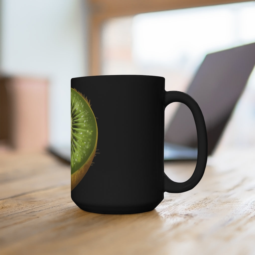 Kiwi Black Mug 15oz, a stylish black ceramic mug with a C-handle, perfect for coffee and tea lovers.