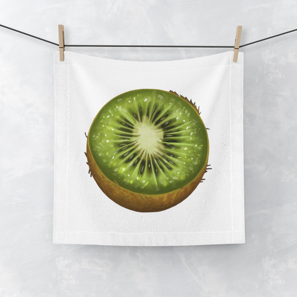 A customizable Kiwi Face Towel featuring a soft polyester front for printing and a plush cotton back, perfect for personal use.