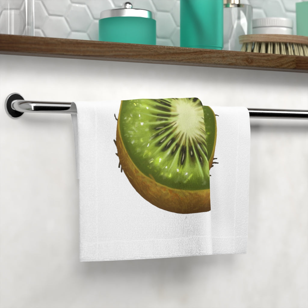 A customizable Kiwi Face Towel featuring a soft polyester front for printing and a plush cotton back, perfect for personal use.