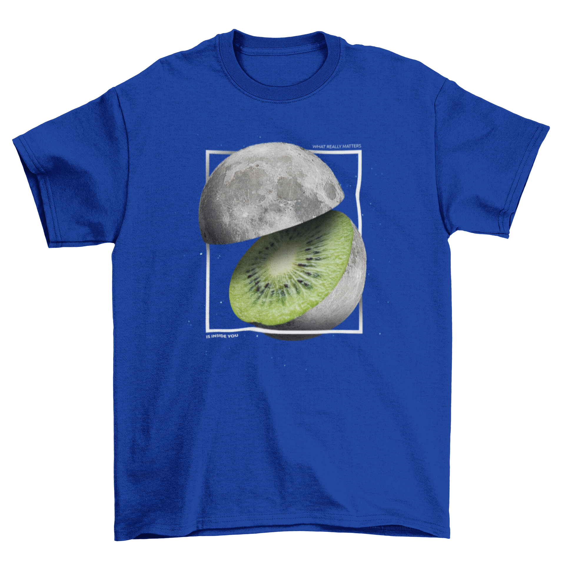 A realistic t-shirt featuring a moon design that resembles the inside of a kiwi fruit, showcasing vibrant green and black patterns.