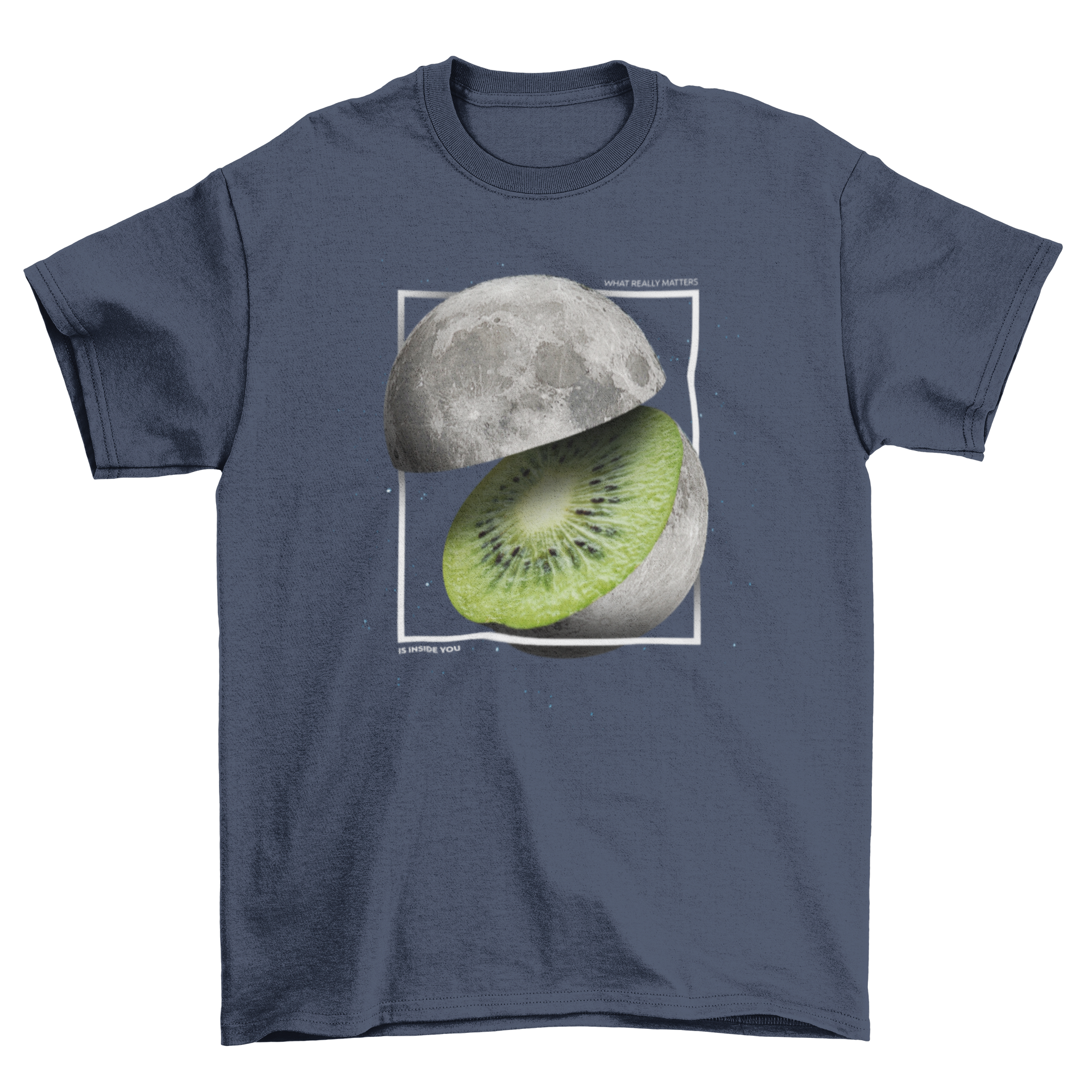 A realistic t-shirt featuring a moon design that resembles the inside of a kiwi fruit, showcasing vibrant green and black patterns.