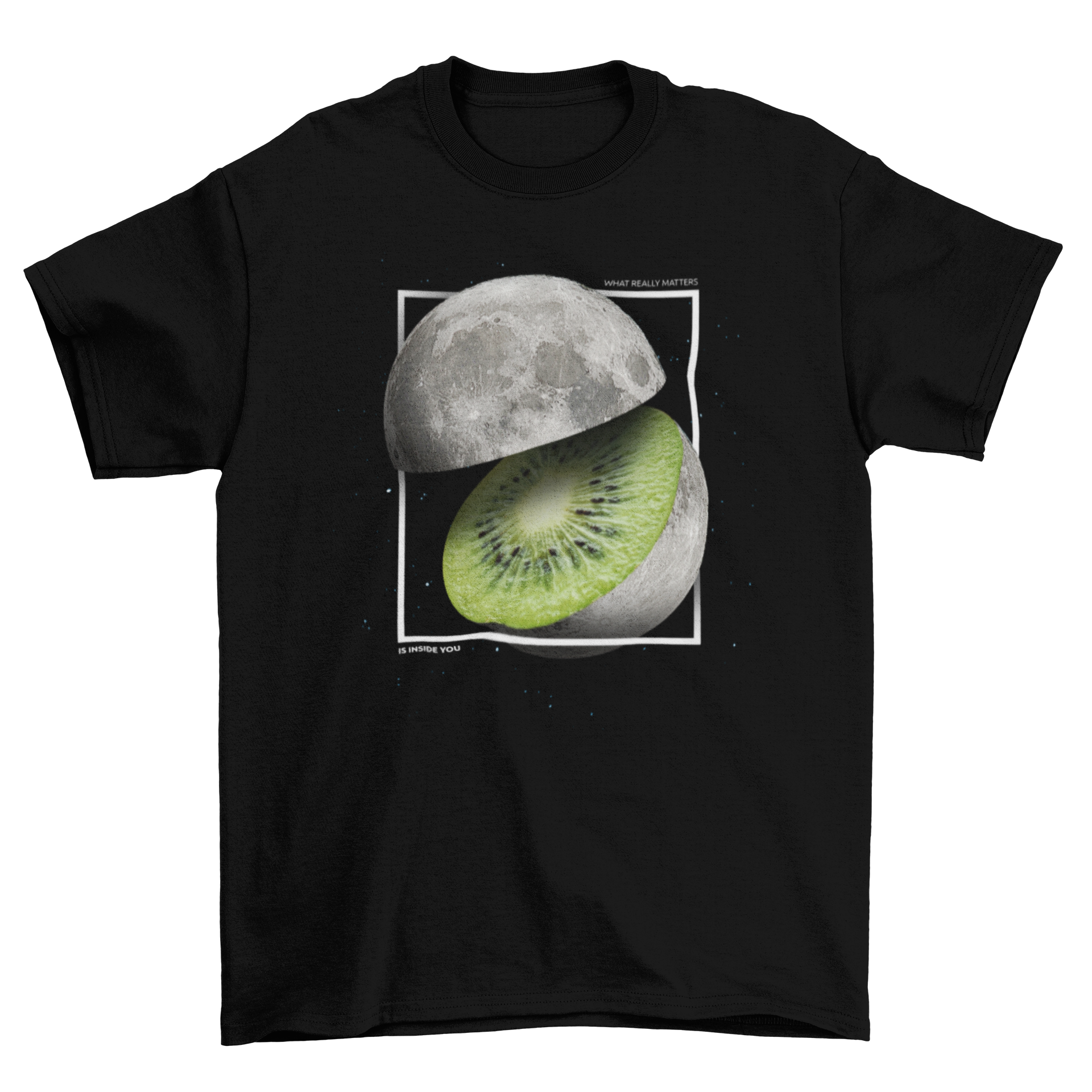 A realistic t-shirt featuring a moon design that resembles the inside of a kiwi fruit, showcasing vibrant green and black patterns.