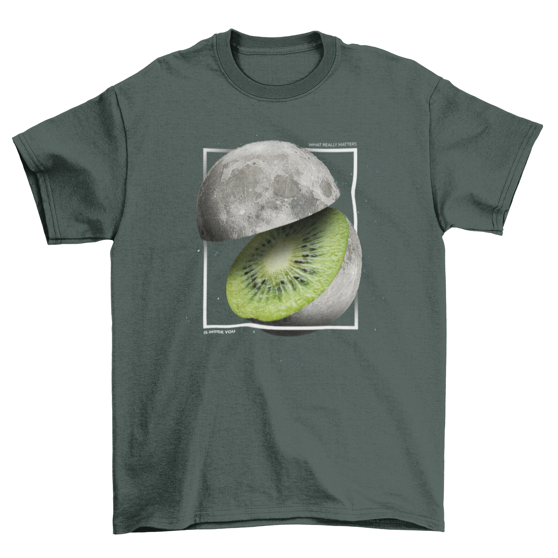 A realistic t-shirt featuring a moon design that resembles the inside of a kiwi fruit, showcasing vibrant green and black patterns.