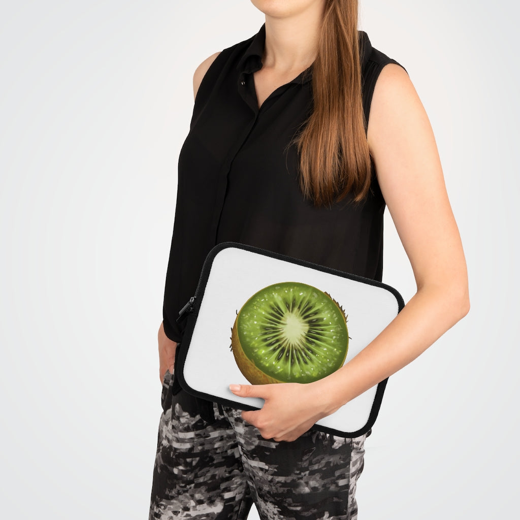 Kiwi Laptop Sleeve featuring a customizable front design and black polyester back, showcasing its water-resistant and durable construction.