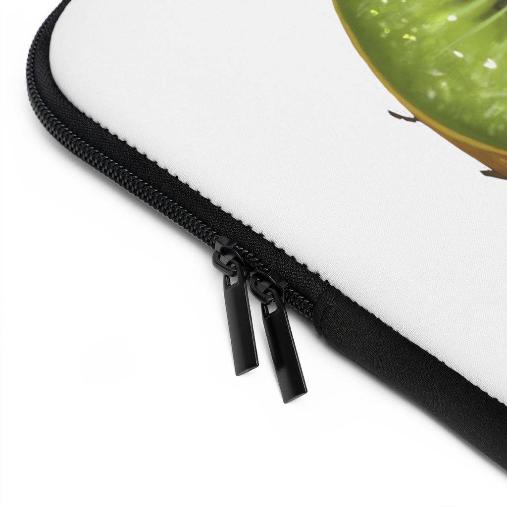 Kiwi Laptop Sleeve featuring a customizable front design and black polyester back, showcasing its water-resistant and durable construction.