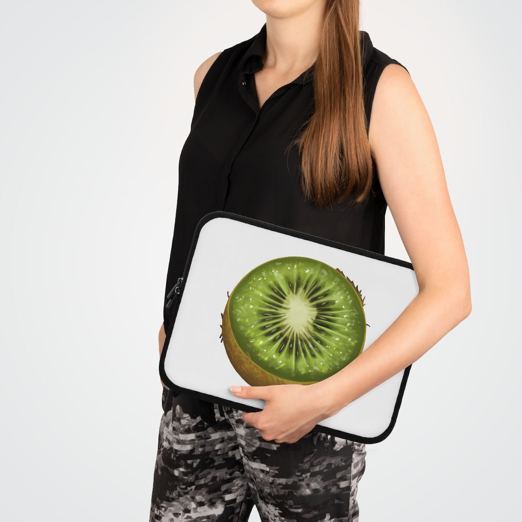 Kiwi Laptop Sleeve featuring a customizable front design and black polyester back, showcasing its water-resistant and durable construction.