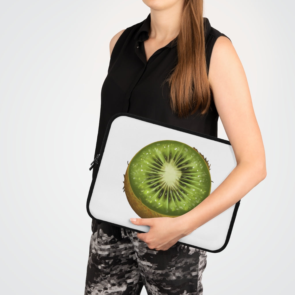 Kiwi Laptop Sleeve featuring a customizable front design and black polyester back, showcasing its water-resistant and durable construction.