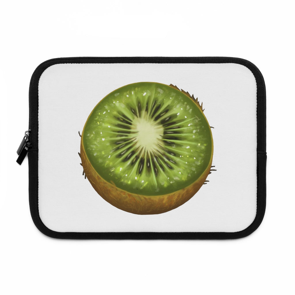 Kiwi Laptop Sleeve featuring a customizable front design and black polyester back, showcasing its water-resistant and durable construction.