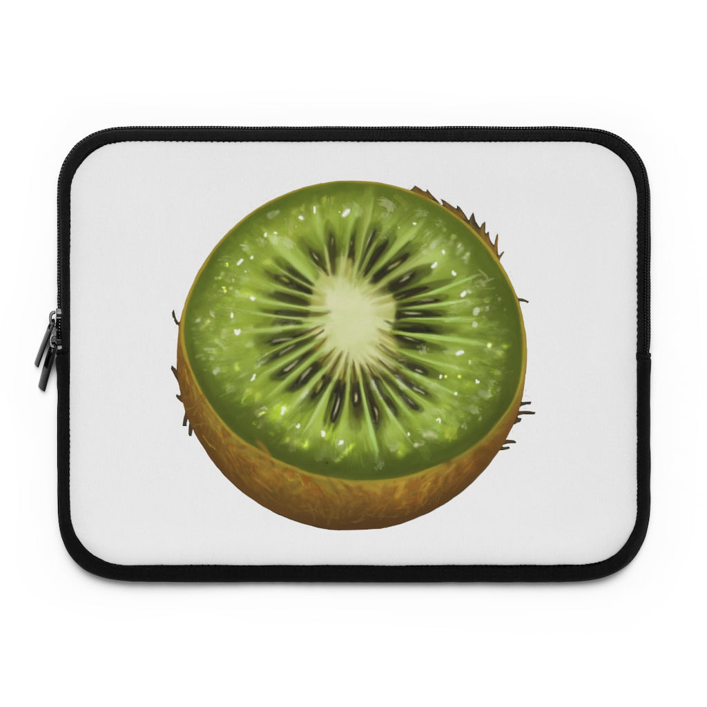 Kiwi Laptop Sleeve featuring a customizable front design and black polyester back, showcasing its water-resistant and durable construction.