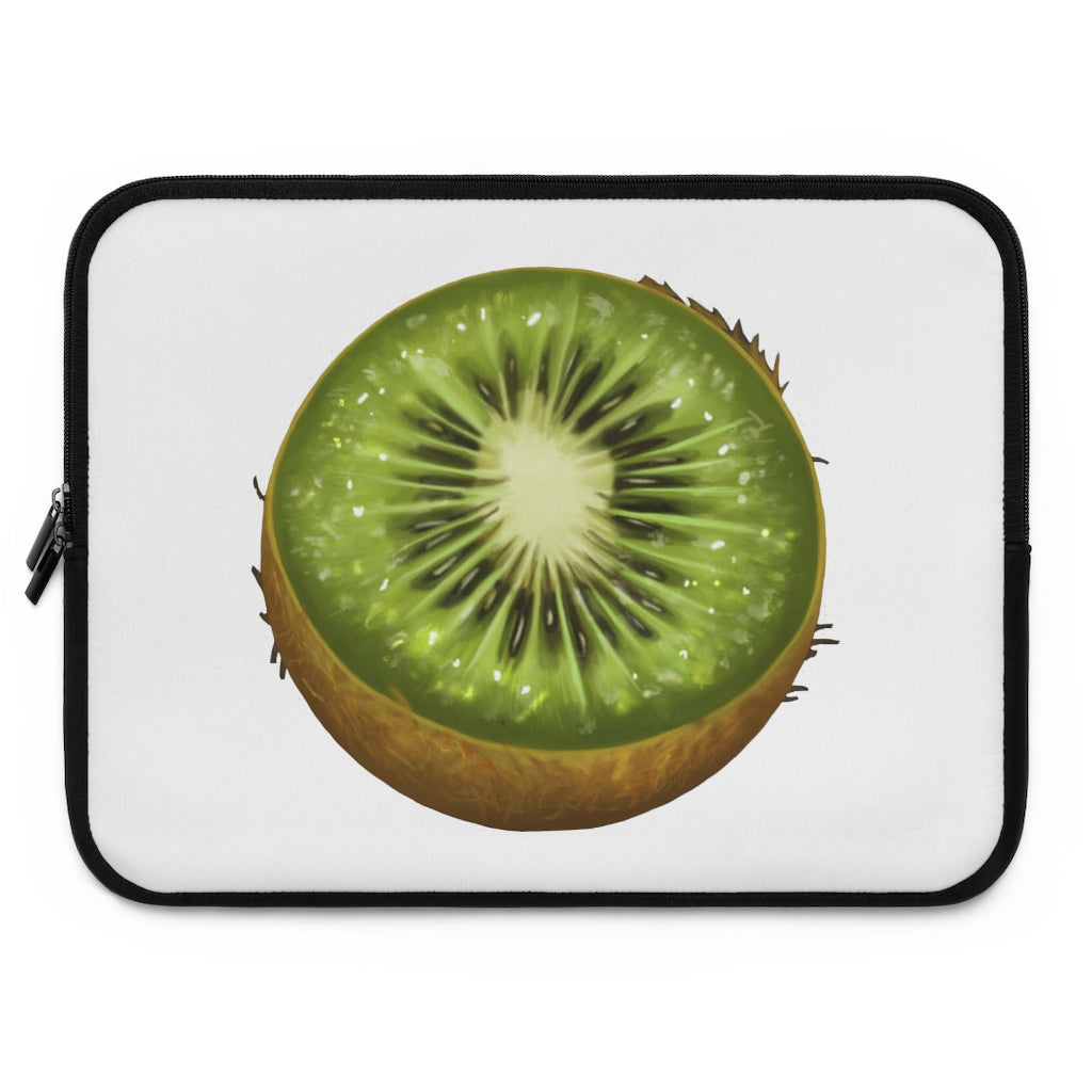 Kiwi Laptop Sleeve featuring a customizable front design and black polyester back, showcasing its water-resistant and durable construction.