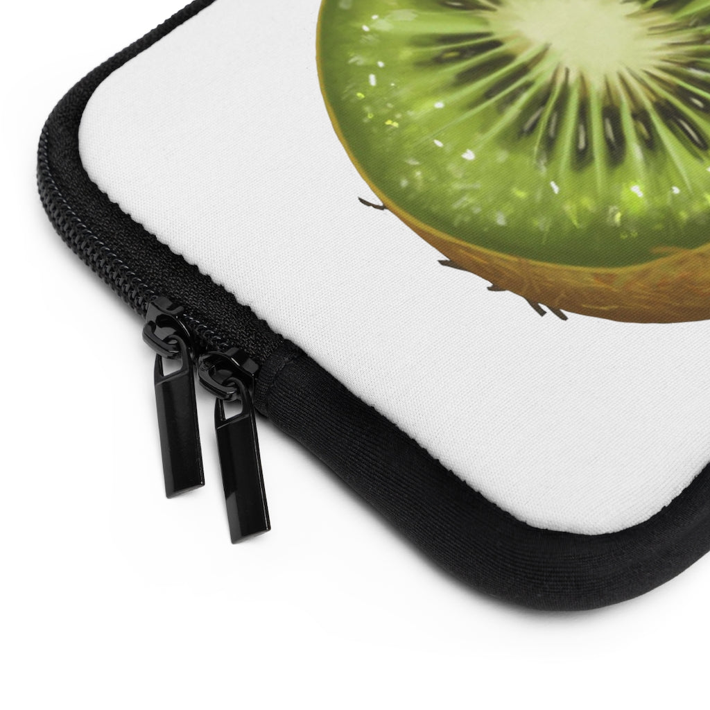 Kiwi Laptop Sleeve featuring a customizable front design and black polyester back, showcasing its water-resistant and durable construction.