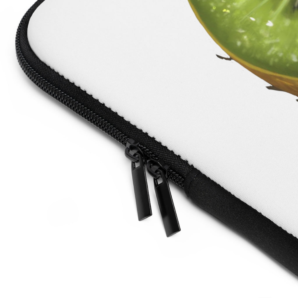 Kiwi Laptop Sleeve featuring a customizable front design and black polyester back, showcasing its water-resistant and durable construction.