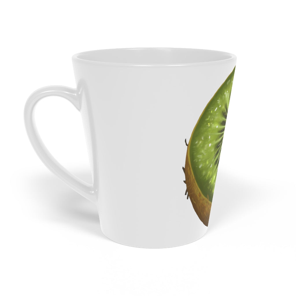 A stylish 12oz Kiwi Latte Mug made of durable white ceramic with a scratch-resistant finish and an easy-grip C-shaped handle.