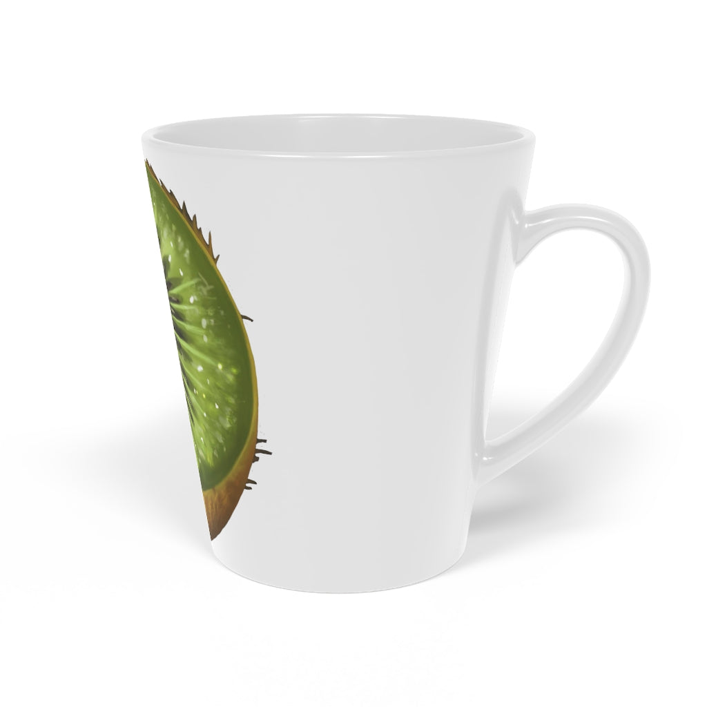 A stylish 12oz Kiwi Latte Mug made of durable white ceramic with a scratch-resistant finish and an easy-grip C-shaped handle.