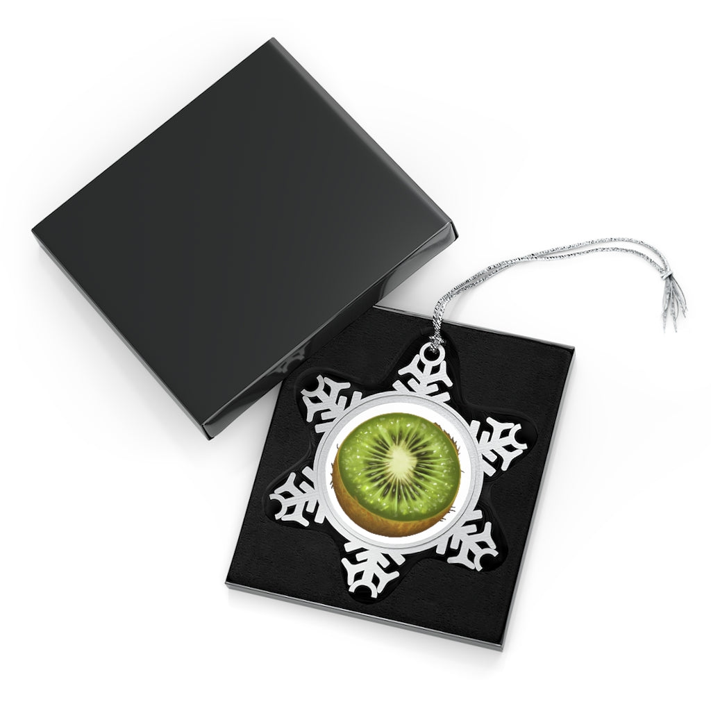 Kiwi Pewter Snowflake Ornament with silver-toned hanging string, showcasing intricate snowflake design.