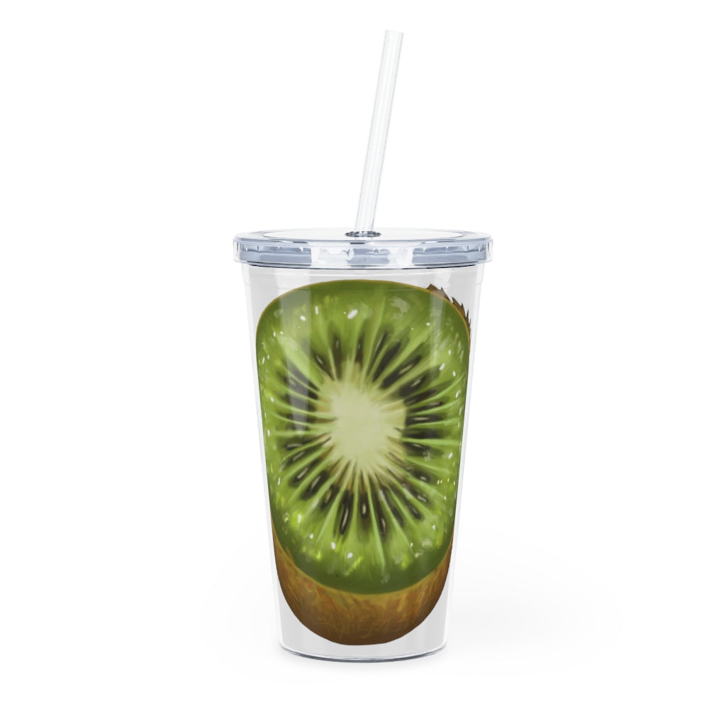 A vibrant Kiwi Plastic Tumbler with a straw, showcasing its customizable design and double wall insulation, perfect for any event.