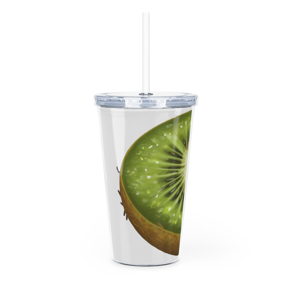 A vibrant Kiwi Plastic Tumbler with a straw, showcasing its customizable design and double wall insulation, perfect for any event.