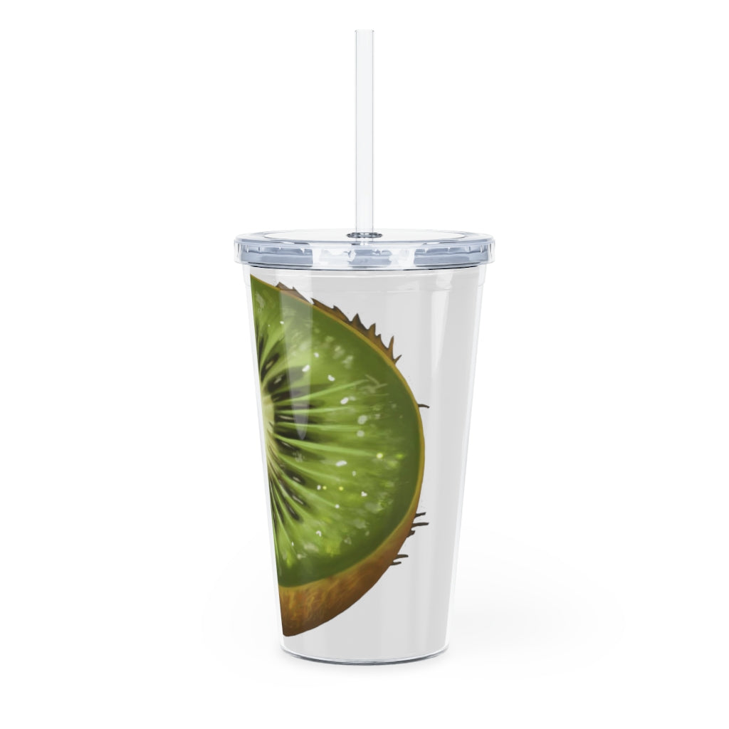 A vibrant Kiwi Plastic Tumbler with a straw, showcasing its customizable design and double wall insulation, perfect for any event.