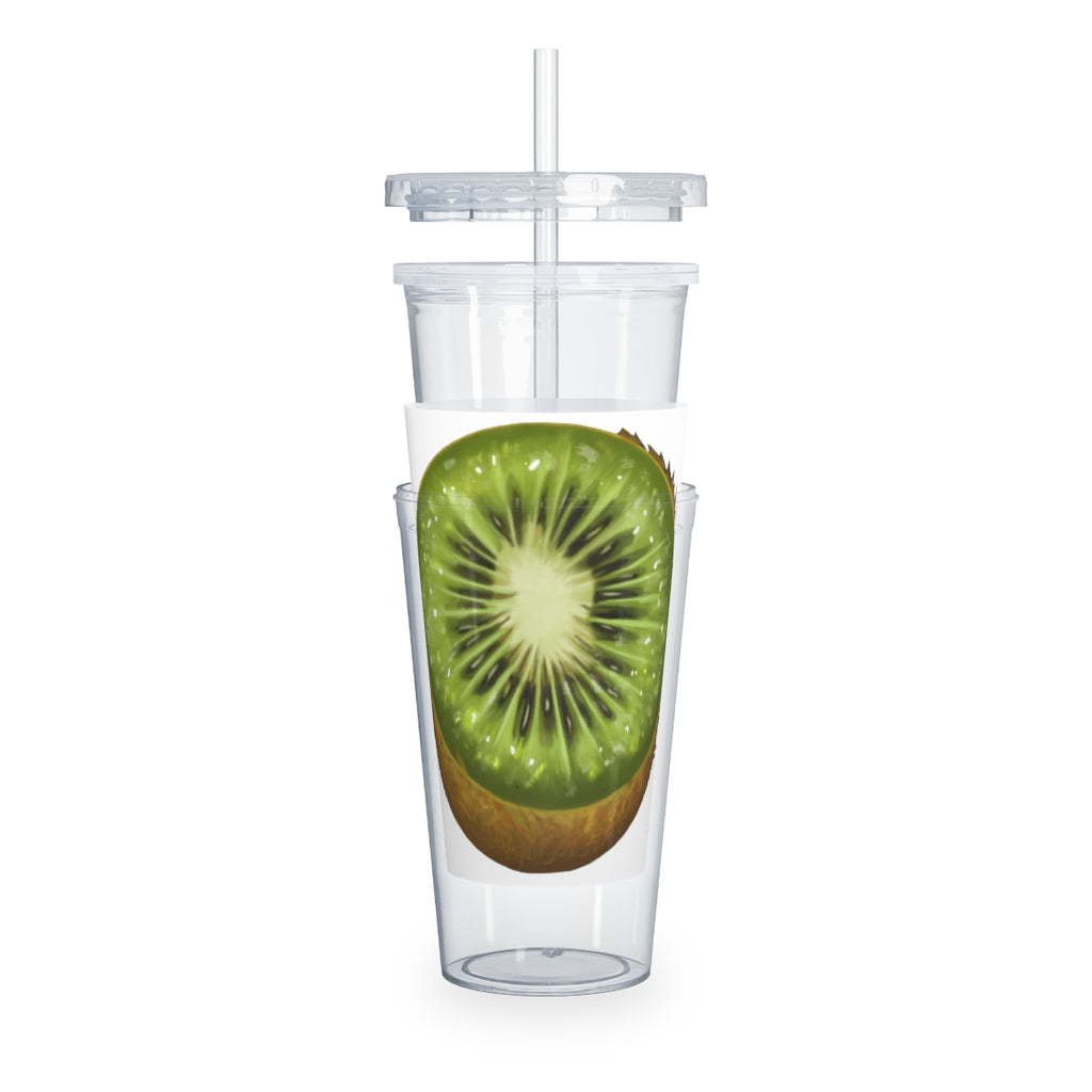 A vibrant Kiwi Plastic Tumbler with a straw, showcasing its customizable design and double wall insulation, perfect for any event.