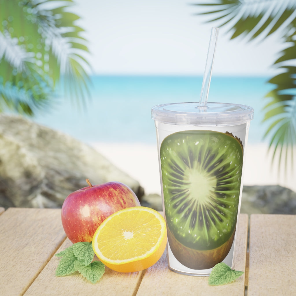 A vibrant Kiwi Plastic Tumbler with a straw, showcasing its customizable design and double wall insulation, perfect for any event.