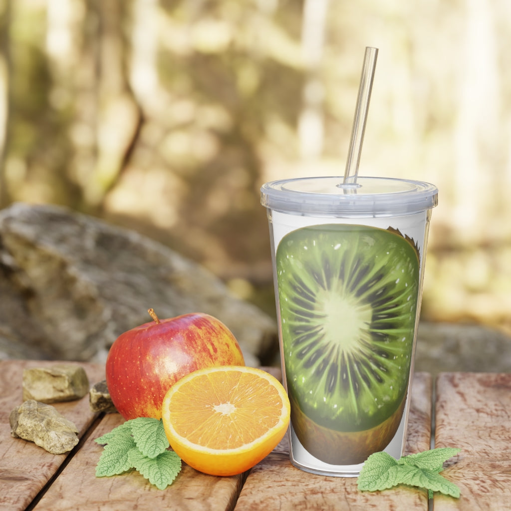 A vibrant Kiwi Plastic Tumbler with a straw, showcasing its customizable design and double wall insulation, perfect for any event.