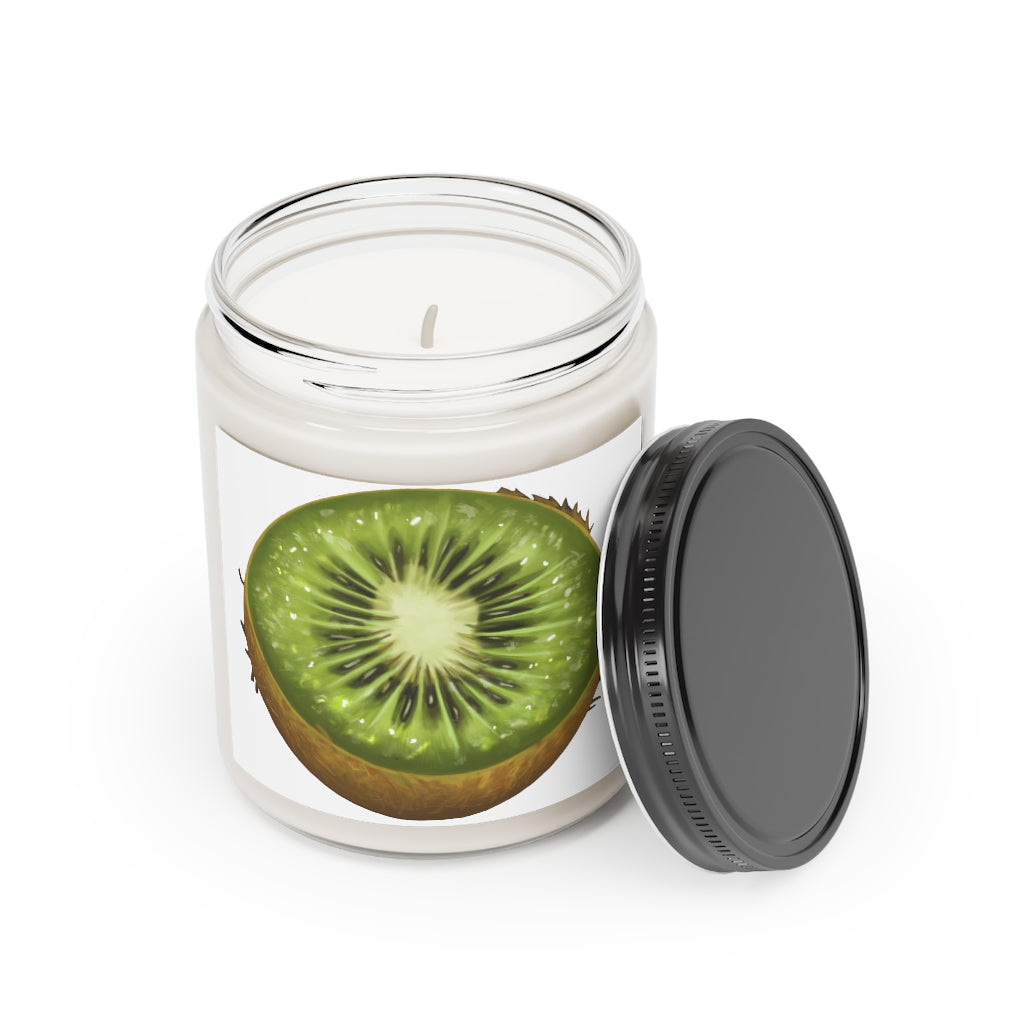 A 9oz Kiwi Scented Candle in a stylish glass container, showcasing its vibrant color and permanent adhesive label.