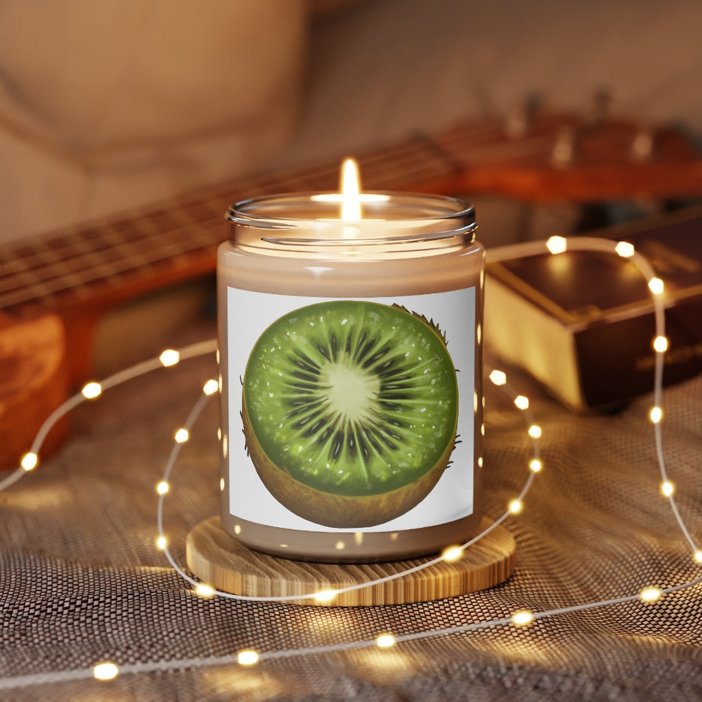 A 9oz Kiwi Scented Candle in a stylish glass container, showcasing its vibrant color and permanent adhesive label.