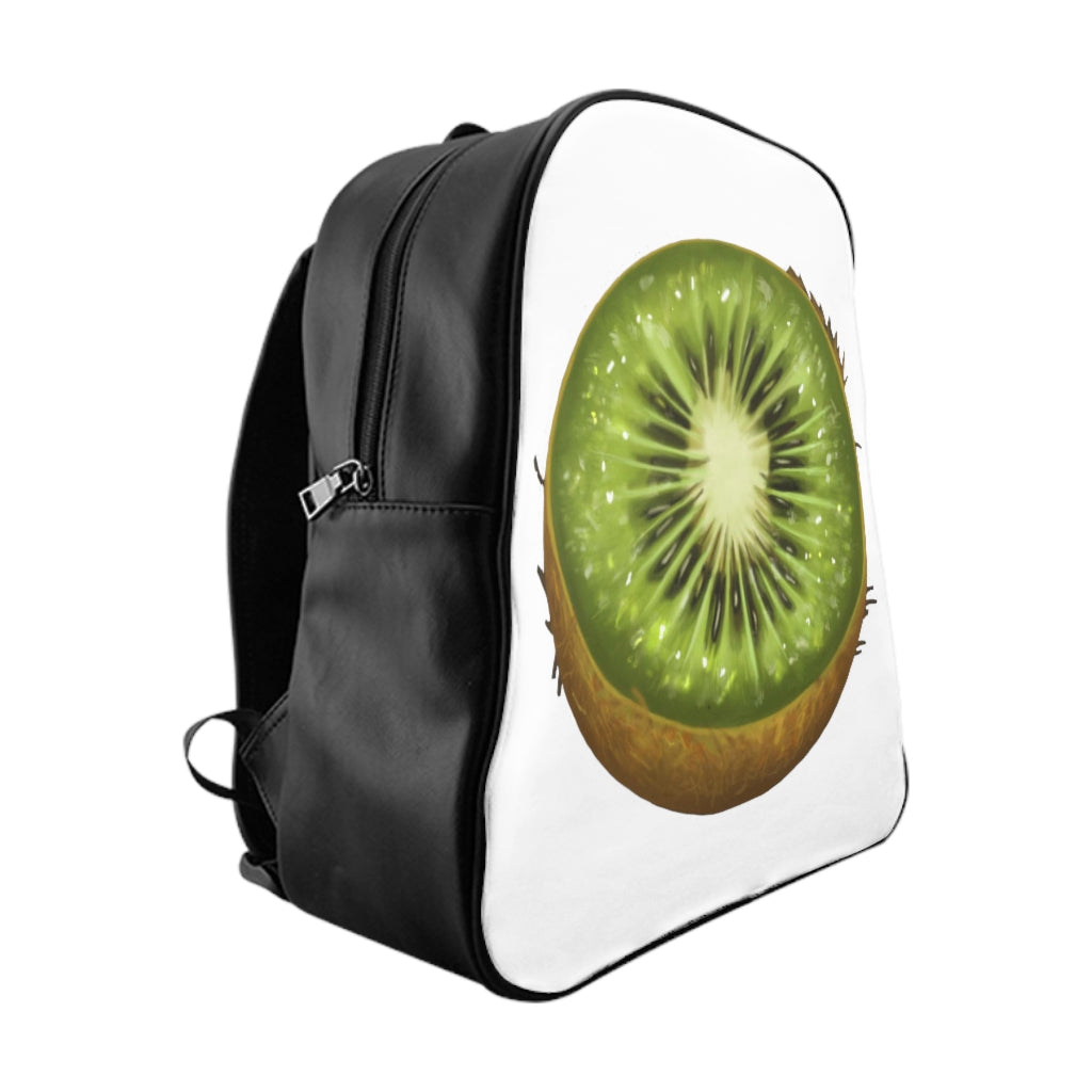 Kiwi School Backpack made of 100% PU leather with stylish print and padded back for comfort.