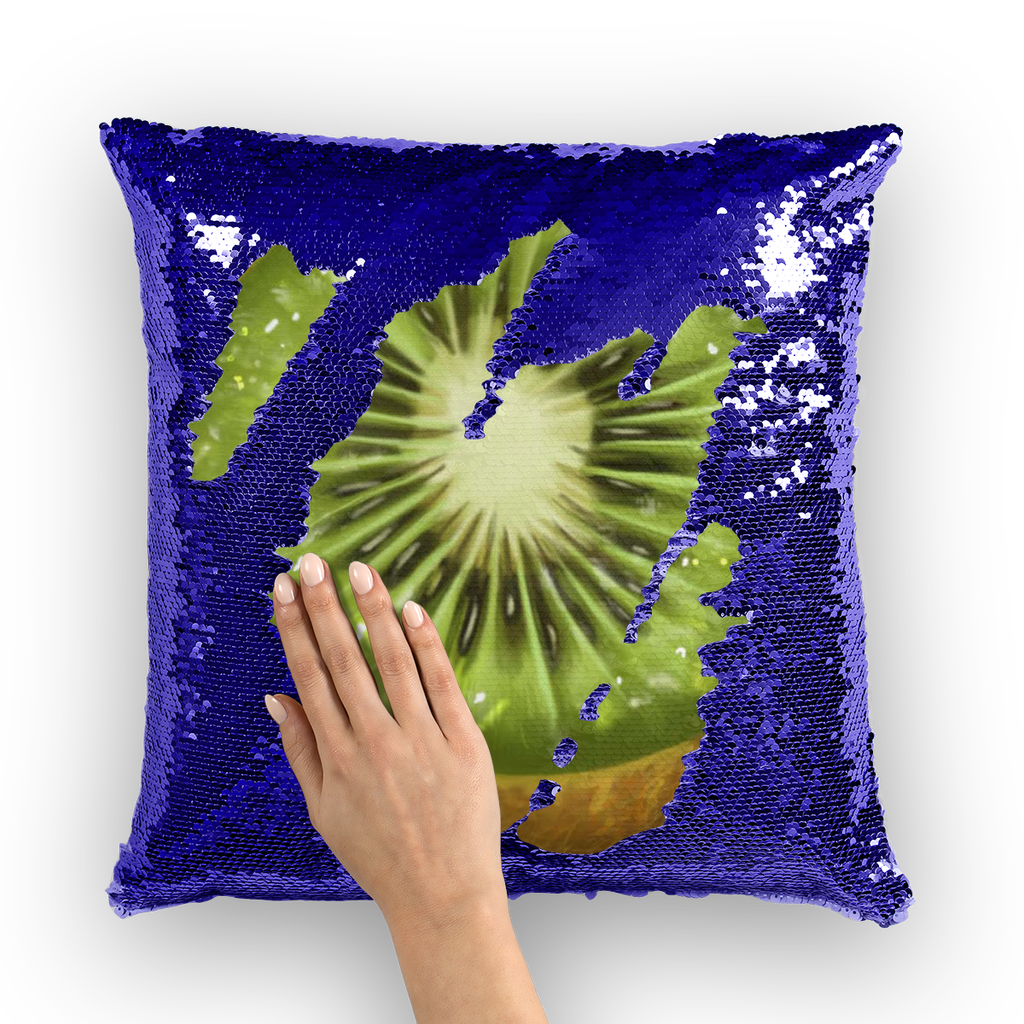 Kiwi Sequin Cushion Cover featuring a vibrant mermaid design with colorful sequins on a polyester fabric, size 16" x 16".