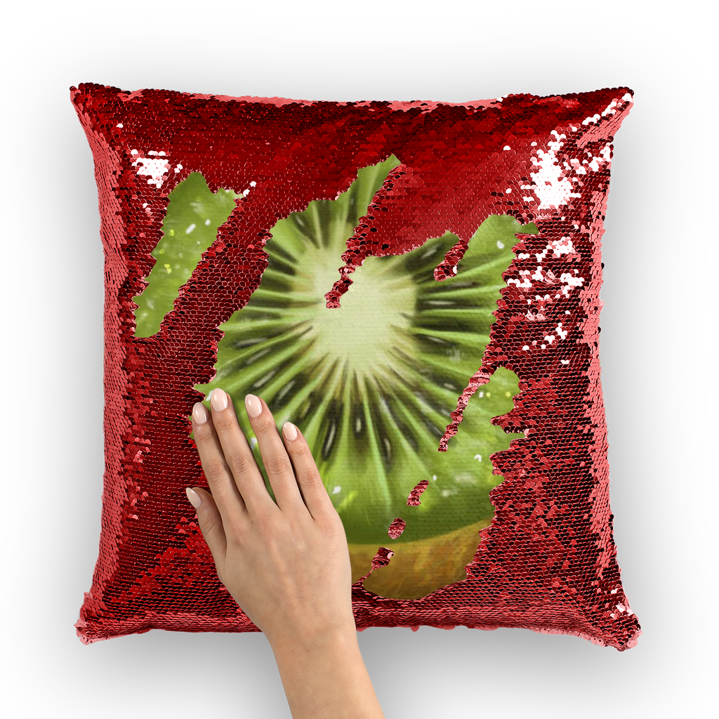 Kiwi Sequin Cushion Cover featuring a vibrant mermaid design with colorful sequins on a polyester fabric, size 16" x 16".