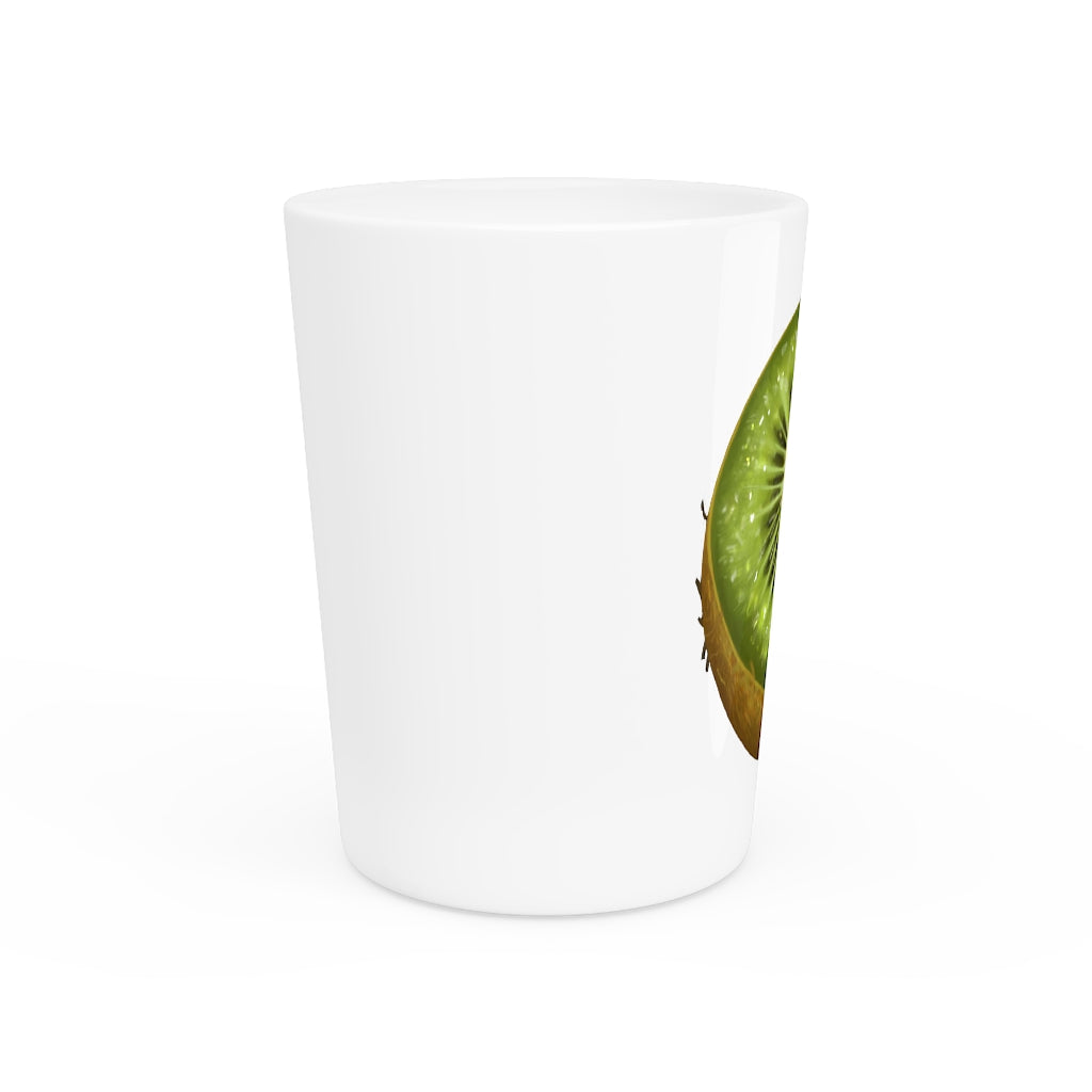 A personalized Kiwi Shot Glass made of white ceramic with a customizable design, featuring a black interior.