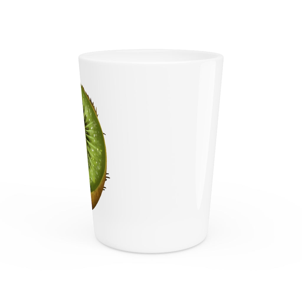 A personalized Kiwi Shot Glass made of white ceramic with a customizable design, featuring a black interior.