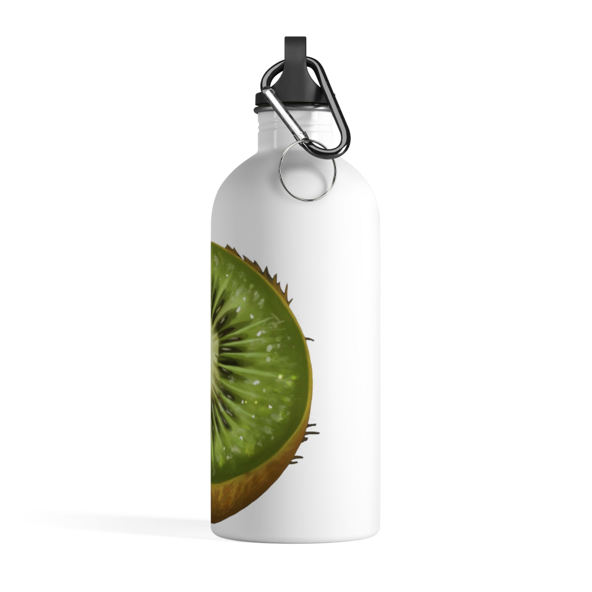 Kiwi Stainless Steel Water Bottle with a plastic screw top and carabiner, showcasing its sleek design and vibrant print.