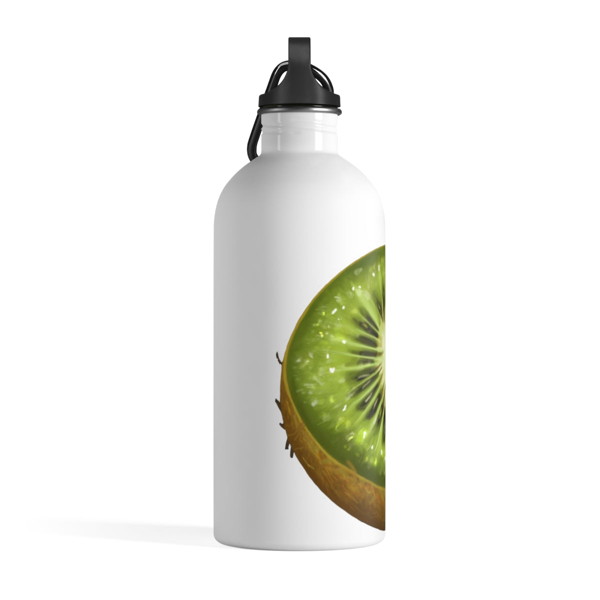 Kiwi Stainless Steel Water Bottle with a plastic screw top and carabiner, showcasing its sleek design and vibrant print.